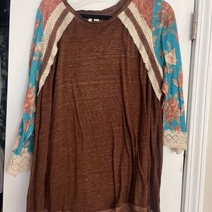 Cato Brown Top with Blue and Pink Floral Sleeves